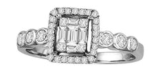 .45CT DIAMOND 18KT WHITE GOLD 3D ROUND & BAGUETTE BEZEL SQAURE HALO PROMISE RING