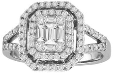 LARGE .90CT DIAMOND 18K WHITE GOLD ROUND & BAGUETTE DOUBLE HALO ANNIVERSARY RING