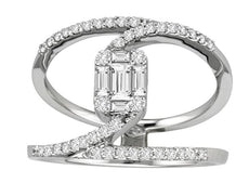 .60CT DIAMOND 18K WHITE GOLD ROUND & BAGUETTE INVISIBLE INTERTWINING FLOWER RING