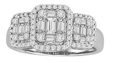 .95CT DIAMOND 18KT WHITE GOLD 3D ROUND & BAGUETTE HALO CLUSTER ANNIVERSARY RING