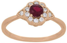 .48CT DIAMOND & AAA RUBY 14KT ROSE GOLD 3D ROUND FLOWER TRIANGULAR PROMISE RING