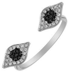 ESTATE .13CT WHITE & BLACK DIAMOND 14KT WHITE GOLD 3D DOUBLE EVIL EYE LUCKY RING