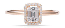 ESTATE .20CT DIAMOND 14KT ROSE GOLD ROUND & BAGUETTE CLUSTER HALO PROMISE RING