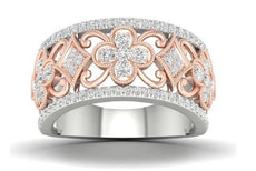 ESTATE WIDE .62CT DIAMOND 14KT WHITE & ROSE GOLD MULTI FLOWER ANNIVERSARY RING
