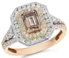 1.67CT WHITE & MOCHA DIAMOND 18K YELLOW & ROSE GOLD OCTAGON HALO ENGAGEMENT RING