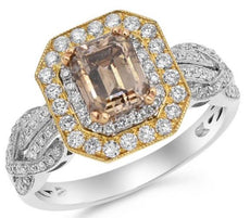 1.98CT WHITE & MOCHA DIAMOND 18KT TRI COLOR GOLD 3D OCTAGON HALO ENGAGEMENT RING
