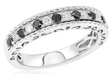 .45CT WHITE & BLACK DIAMOND 18KT WHITE GOLD 3D FILIGREE CLASSIC ANNIVERSARY RING
