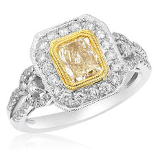 1.82CT WHITE & FANCY YELLOW DIAMOND 18K TWO TONE GOLD 3D OCTAGON ENGAGEMENT RING