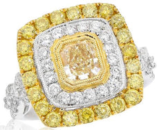 3.02CT WHITE & FANCY YELLOW DIAMOND 18KT 2 TONE GOLD HALO SQUARE ENGAGEMENT RING