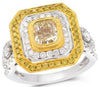 2.11CT WHITE & FANCY YELLOW DIAMOND 18K 2 TONE GOLD HALO OCTAGON ENGAGEMENT RING