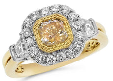 2.04CT WHITE & FANCY YELLOW DIAMOND 18KT TWO TONE GOLD 3D HALO ENGAGEMENT RING