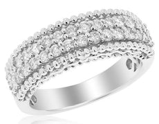 WIDE .81CT DIAMOND 18KT WHITE GOLD 3D DOUBLE ROW BEADED CLASSIC ANNIVERSARY RING