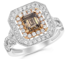 1.87CT WHITE & CHOCOLATE FANCY DIAMOND 18K TWO TONE GOLD OCTAGON ENGAGEMENT RING