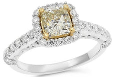 1.62CT WHITE & FANCY YELLOW DIAMOND 14KT 2 TONE GOLD CUSHION & ROUND HALO RING