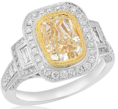 3.92CT WHITE & FANCY YELLOW DIAMOND 18KT 2 TONE GOLD 3D CUSHION ENGAGEMENT RING