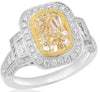 3.92CT WHITE & FANCY YELLOW DIAMOND 18KT 2 TONE GOLD 3D CUSHION ENGAGEMENT RING