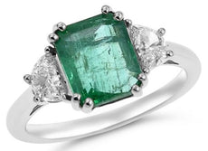 2.98CT DIAMOND & AAA EMERALD 18KT WHITE GOLD SEMI MOON 3 STONE ENGAGEMENT RING