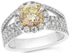 2.80CT WHITE & FANCY YELLOW DIAMOND 18K 2 TONE GOLD ROUND FLOWER ENGAGEMENT RING