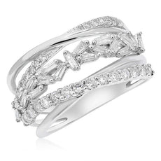 .90CT DIAMOND 14KT WHITE GOLD ROUND & BAGUETTE MULTI ROW CRISS CROSS LOVE RING