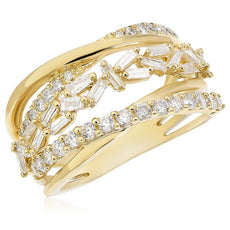 .88CT DIAMOND 14KT YELLOW GOLD ROUND & BAGUETTE MULTI ROW CRISS CROSS LOVE RING
