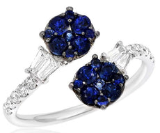 1.19CT DIAMOND & AAA SAPPHIRE 14K WHITE GOLD ROUND & BAGUETTE DOUBLE FLOWER RING