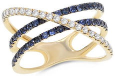 .88CT DIAMOND & AAA SAPPHIRE 14KT YELLOW GOLD 3D THREE ROW CRISS CROSS FUN RING