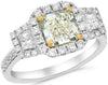 LARGE 2.44CT WHITE & GREEN DIAMOND 18K 2 TONE GOLD PRINCESS HALO ENGAGEMENT RING