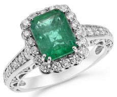 2.29CT DIAMOND & AAA EMERALD 18KT WHITE GOLD 3D ROUND & SQUARE ENGAGEMENT RING