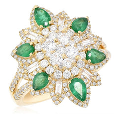 2.32CT DIAMOND & AAA EMERALD 18KT YELLOW GOLD 3D PEAR SHAPE FLOWER COCKTAIL RING
