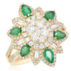 2.32CT DIAMOND & AAA EMERALD 18KT YELLOW GOLD 3D PEAR SHAPE FLOWER COCKTAIL RING