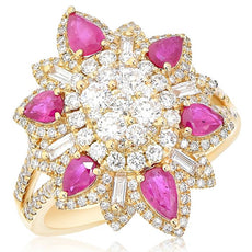 2.50CT DIAMOND & AAA RUBY 18KT YELLOW GOLD ROUND & PEAR SHAPE FLOWER STAR RING