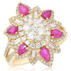 2.50CT DIAMOND & AAA RUBY 18KT YELLOW GOLD ROUND & PEAR SHAPE FLOWER STAR RING
