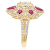 2.50CT DIAMOND & AAA RUBY 18KT YELLOW GOLD ROUND & PEAR SHAPE FLOWER STAR RING