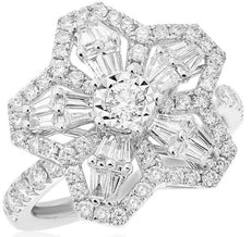 1.45CT DIAMOND 18KT WHITE GOLD ROUND & BAGUETTE SNOWFLAKE STAR FLOWER FUN RING