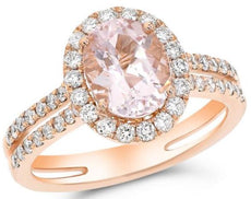 2.0CT DIAMOND & AAA MORGANITE 14KT ROSE GOLD OVAL & ROUND HALO ENGAGEMENT RING