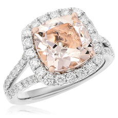 4.84CT DIAMOND & AAA MORGANITE 14KT WHITE & ROSE GOLD 3D CUSHION ENGAGEMENT RING