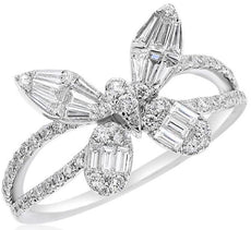 .80CT DIAMOND 18KT WHITE GOLD 3D ROUND AND BAGUETTE CLUSTER BUTTERFLY LOVE RING