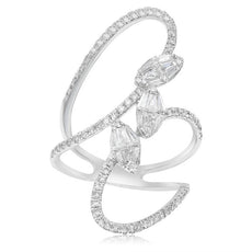 .97CT DIAMOND 18KT WHITE GOLD 3D ROUND AND BAGUETTE CLUSTER MULTI LEAF FUN RING