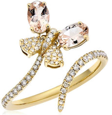 1.34CT DIAMOND & AAA MORGANITE 14KT YELLOW GOLD ROUND & OVAL BUTTERFLY LOVE RING