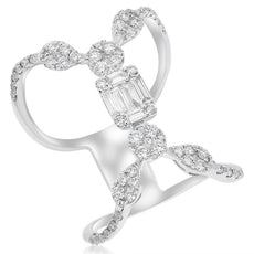 .89CT DIAMOND 18KT WHITE GOLD ROUND AND BAGUETTE MULTI FLOWER CLUSTER FUN RING