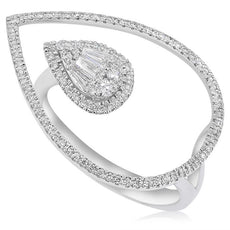 .33CT DIAMOND 18K WHITE GOLD ROUND & BAGUETTE CLUSTER DOUBLE PEAR SHAPE FUN RING