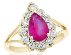 1.42CT DIAMOND & AAA RUBY 14KT YELLOW GOLD 3D PEAR SHAPE & ROUND FLOWER FUN RING