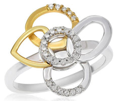 ESTATE .12CT DIAMOND 14KT WHITE AND YELLOW GOLD 3D FLOWER MULTI SHAPE FUN RING