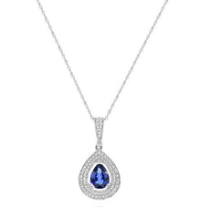 2.25CT DIAMOND & AAA SAPPHIRE 14KT WHITE GOLD 3D ROUND & PEAR SHAPE HALO PENDANT