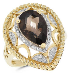 3.17CT DIAMOND & AAA SMOKY TOPAZ 14KT YELLOW GOLD 3D PEAR SHAPE & ROUND FUN RING