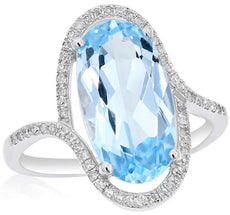 WIDE 5.56CT DIAMOND & AAA BLUE TOPAZ 14KT WHITE GOLD 3D OVAL & ROUND FUN RING