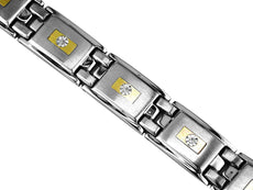 ESTATE .10CT DIAMOND STAINLESS STEEL & 14KT YELLOW GOLD 3D LINK BRACELET