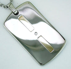 0.04CT DIAMOND STAINLESS STEEL & 14KT WHITE GOLD 3D MENS DOG TAG FLOATING PENDANT