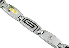 0.02CT DIAMOND STAINLESS STEEL & 14K YELLOW GOLD 3D RECTANGULAR MENS FUN BRACELET
