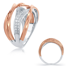 .34CT DIAMOND 14KT WHITE & ROSE GOLD MULTI ROW CRISS CROSS DOUBLE SWIRL FUN RING